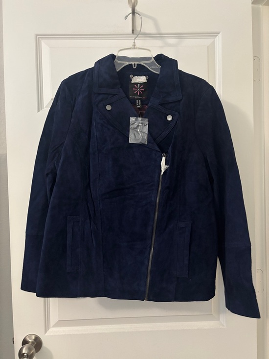 Isaac Mizrahi Jackets & Blazers - Isaac Mizrahi Navy Suede Leather Floral Lined Moto Jacket Silver Accents NWT